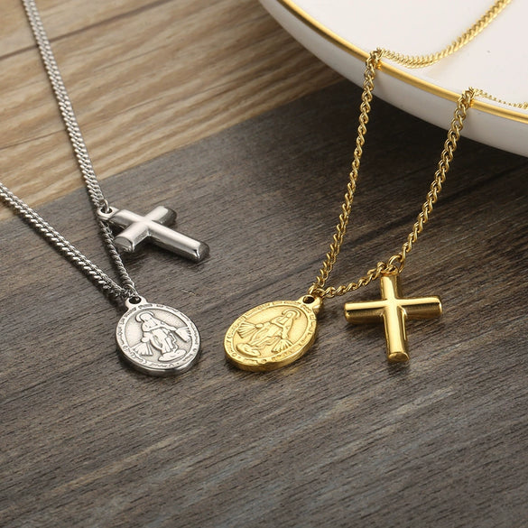 Wholesale Titanium Steel Geometric Oval Commemorative Coin Cross Goldplated Women's Clavicle Chain Jewelry