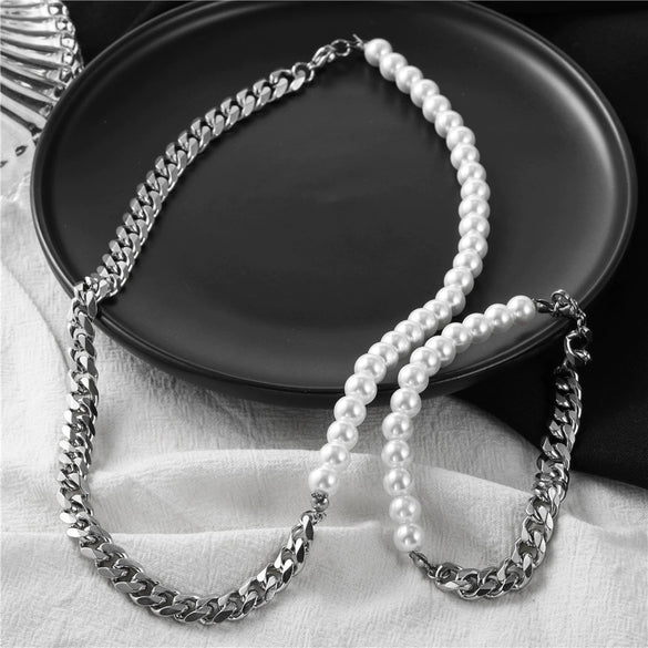 Wholesale Titanium Steel Geometric Pattern Cuban Chain And Pearl Chain Necklace For Men And Women