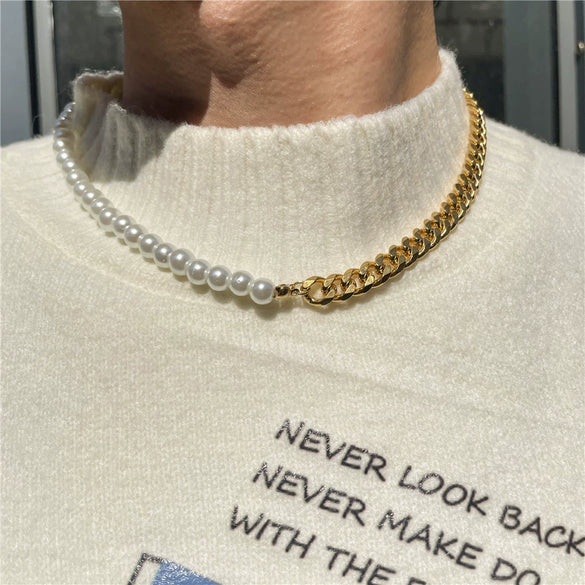 Wholesale Titanium Steel Geometric Pattern Cuban Chain And Pearl Chain Necklace For Men And Women