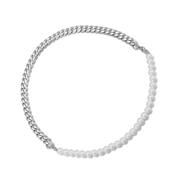 Wholesale Titanium Steel Geometric Pattern Cuban Chain And Pearl Chain Necklace For Men And Women