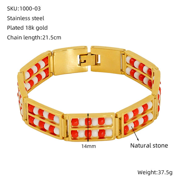 Wholesale 316L Stainless Steel Geometric Pattern Electroplated Unisex Double Row Natural Stone Bead Bracelet