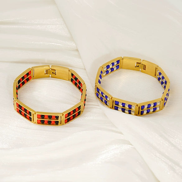 Wholesale 316L Stainless Steel Geometric Pattern Electroplated Unisex Double Row Natural Stone Bead Bracelet