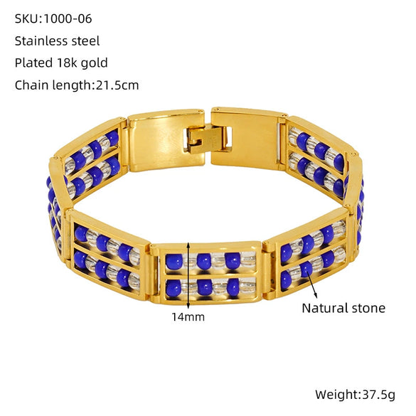 Wholesale 316L Stainless Steel Geometric Pattern Electroplated Unisex Double Row Natural Stone Bead Bracelet