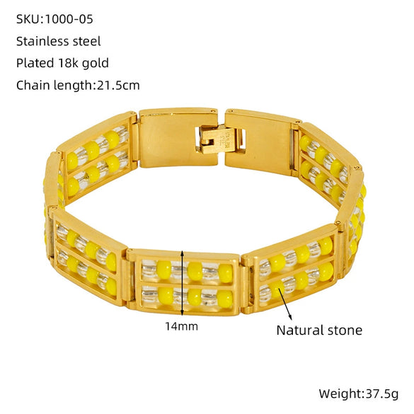 Wholesale 316L Stainless Steel Geometric Pattern Electroplated Unisex Double Row Natural Stone Bead Bracelet