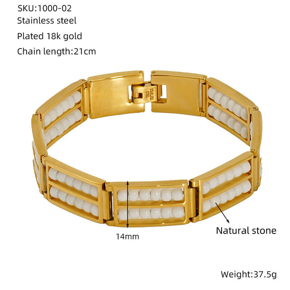 Wholesale 316L Stainless Steel Geometric Pattern Electroplated Unisex Double Row Natural Stone Bead Bracelet