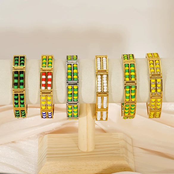 Wholesale 316L Stainless Steel Geometric Pattern Electroplated Unisex Double Row Natural Stone Bead Bracelet