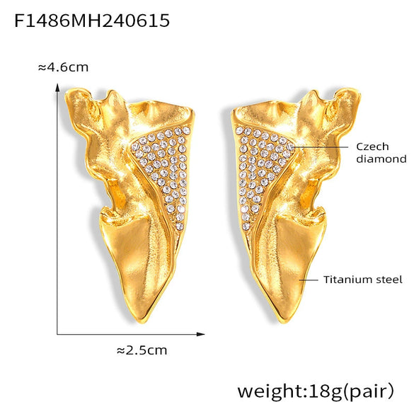 Wholesale 316L Stainless Steel Geometric Pleated Texture Wings Shape Earrings With Diamond Design Electroplated For Women