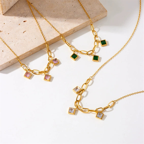 Wholesale Titanium Steel Geometric Rhinestone Pendant Chain Necklace Gold Plated For Women