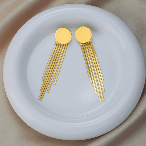 Wholesale Titanium Steel Geometric Round Blade Tassel Irregular Women's Ear Studs With Electroplating