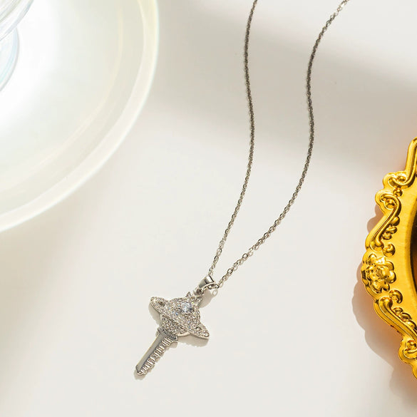 Wholesale Titanium Steel Geometric Saturn Key Necklace With Diamond For Women Light Luxury Style
