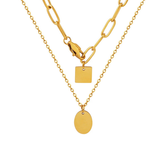 Wholesale 316L Stainless Steel Geometric Square Tassel Oval Pendant Double Layer Stacked Hip Hop Necklace For Women Electroplated