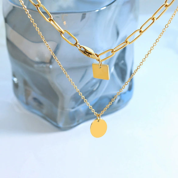 Wholesale 316L Stainless Steel Geometric Square Tassel Oval Pendant Double Layer Stacked Hip Hop Necklace For Women Electroplated