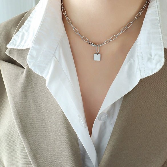 Wholesale 316L Stainless Steel Geometric Square Tassel Oval Pendant Double Layer Stacked Hip Hop Necklace For Women Electroplated