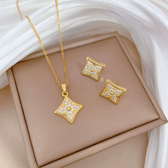 Wholesale Titanium Steel Geometric Style Electroplated Women's Necklace And Earrings Set