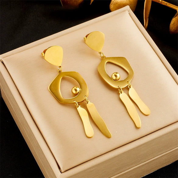 Wholesale Titanium Steel Geometric Tassel Long Pendant Earrings For Women Electroplated