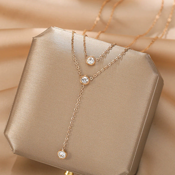 Wholesale Titanium Steel Geometric Three Tassel Double Layer O Chain Necklace For Women Electroplated