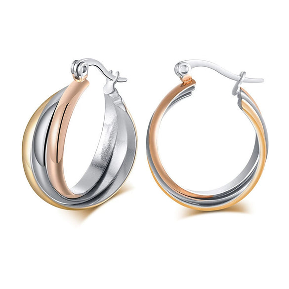 Wholesale Titanium Steel Geometric Threering Threecolor Earrings With Electroplating