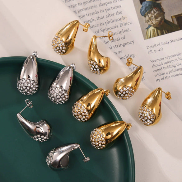 Wholesale 316L Stainless Steel Geometric Water Drop Shape Diamond Design Gold Plated Women's Earrings