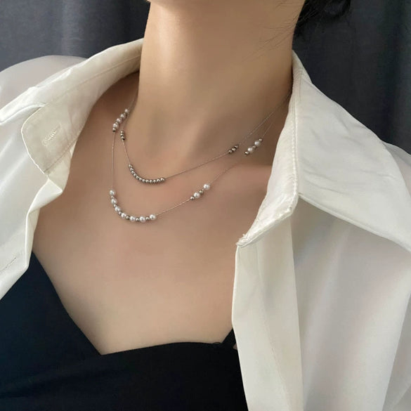 Wholesale Titanium Steel Geometric Women's Double Layer Stacked Clavicle Necklace With Electroplating Design