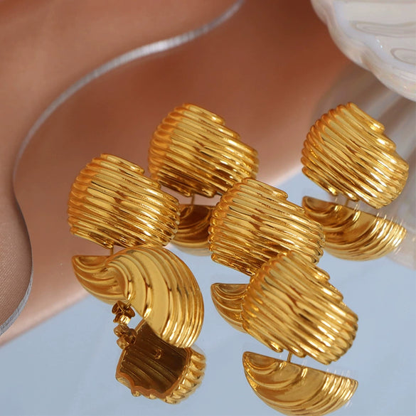 Wholesale 316L Stainless Steel Gold Plated Geometric Irregular Vertical Stripe Pattern Earrings Niche Design