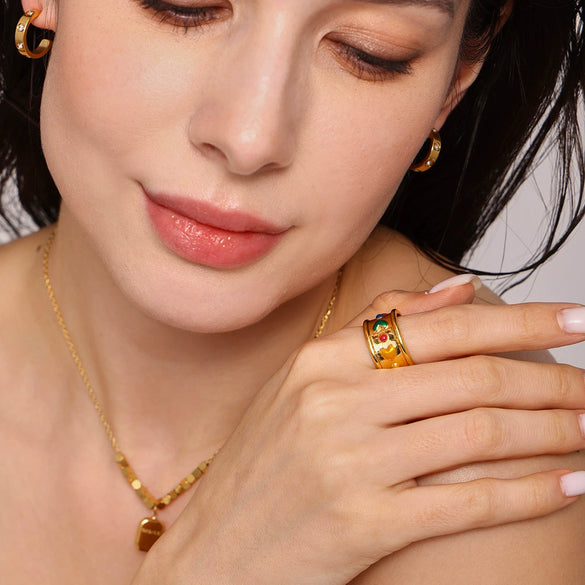 Wholesale Titanium Steel Gold Plated Geometric Wide Face Ring For Women Light Luxury Style Electroplating