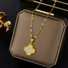 Wholesale Titanium Steel Golden Clover Necklace With Mixed Gem Inlay And Twisted Chain For Women