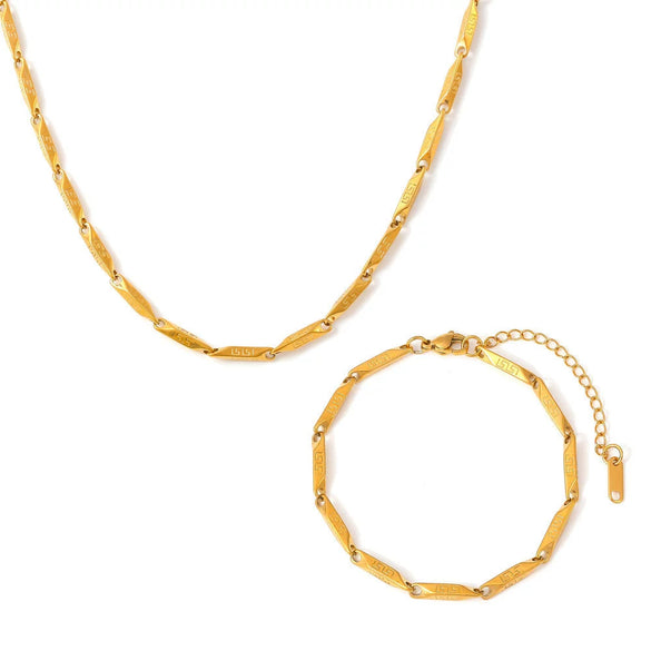 Wholesale Titanium Steel Goldplated Fashion Necklace And Bracelet With Diamond Carved Pattern For Women