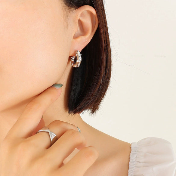 Wholesale Titanium Steel Goldplated Geometric Cshaped Earrings With Inlaid Imitation Pearl Zircon