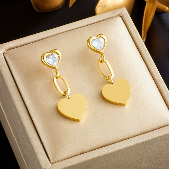 Wholesale Titanium Steel Goldplated Heart Shape Diamondembedded Pendant Long Earrings For Women Fashion Retro Style