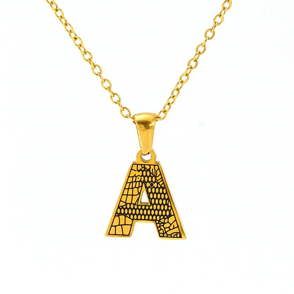 Wholesale Titanium Steel Goldplated Jewelry With Bark Pattern And English Letter Pendant Necklace Fashion Style Unisex