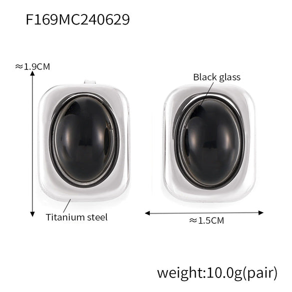 Wholesale 316L Stainless Steel Goldplated Retro Geometric Black Glass Inlaid Women's Square Earrings