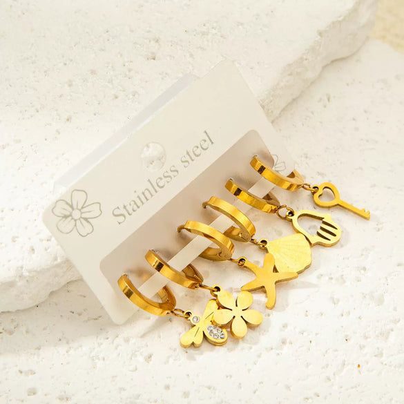 Wholesale Titanium Steel Heart Bow Zircon Earrings Set With Electroplating For Women In Simple Geometric Style