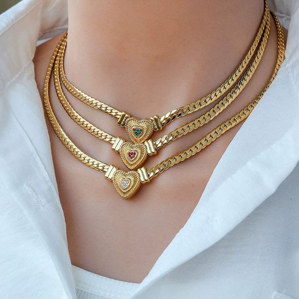 Wholesale Titanium Steel Heart Drop Shape Cuban Chain Necklace With 18K Real Gold Electroplated Light Luxury Hip Hop Style