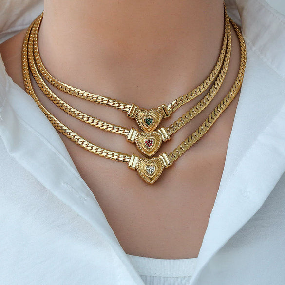 Wholesale Titanium Steel Heart Drop Shape Cuban Chain Necklace With 18K Real Gold Electroplated Light Luxury Hip Hop Style