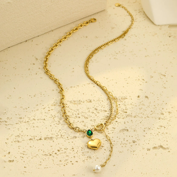 Wholesale Titanium Steel Heart Necklace Inlaid With Pearls And Water Drop Zircons Electroplated 18K Stainless Steel For Women