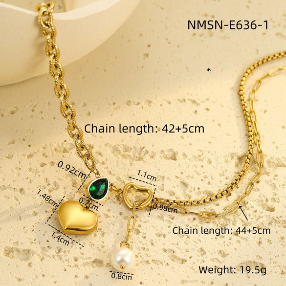 Wholesale Titanium Steel Heart Necklace Inlaid With Pearls And Water Drop Zircons Electroplated 18K Stainless Steel For Women