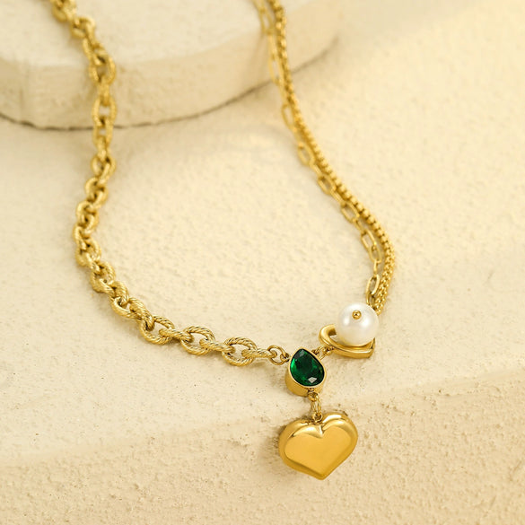 Wholesale Titanium Steel Heart Necklace Inlaid With Pearls And Water Drop Zircons Electroplated 18K Stainless Steel For Women