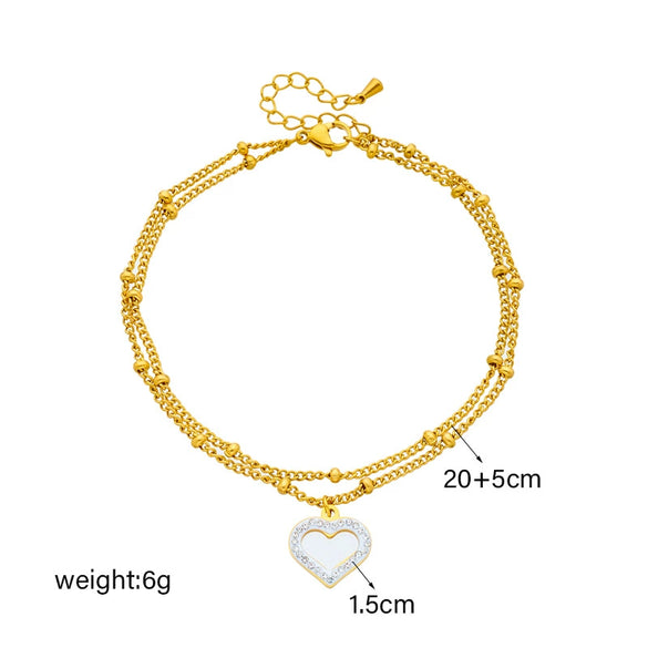 Wholesale Titanium Steel Heart Shape Beaded Doublelayer Stacked Chain Love Pendant Anklet For Women