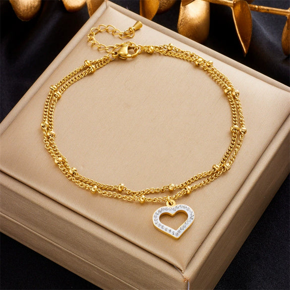 Wholesale Titanium Steel Heart Shape Beaded Doublelayer Stacked Chain Love Pendant Anklet For Women