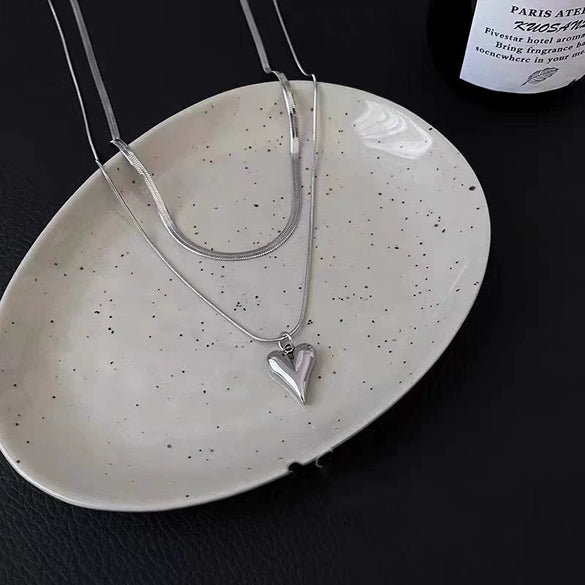Wholesale Titanium Steel Heart Shape Doublelayer Stacking Necklace With Snake Bone Chain And Polishing Treatment For Unisex