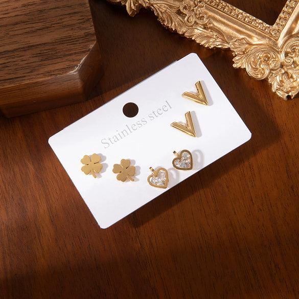 Wholesale Titanium Steel Heart Shape Electroplated Love Zircon Earrings Set For Women