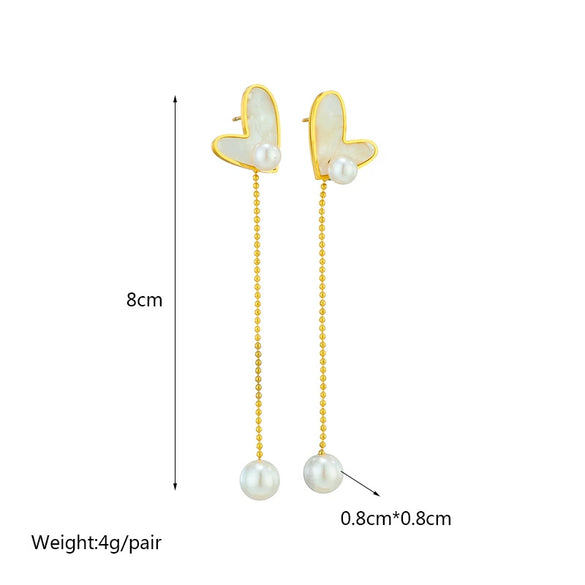 Wholesale Titanium Steel Heart Shape Goldplated Earrings With Love Chain Tassel And Pearl Hanging