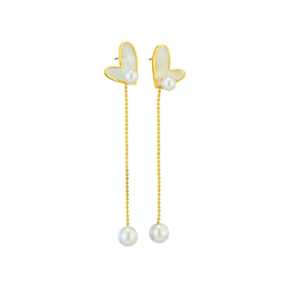 Wholesale Titanium Steel Heart Shape Goldplated Earrings With Love Chain Tassel And Pearl Hanging