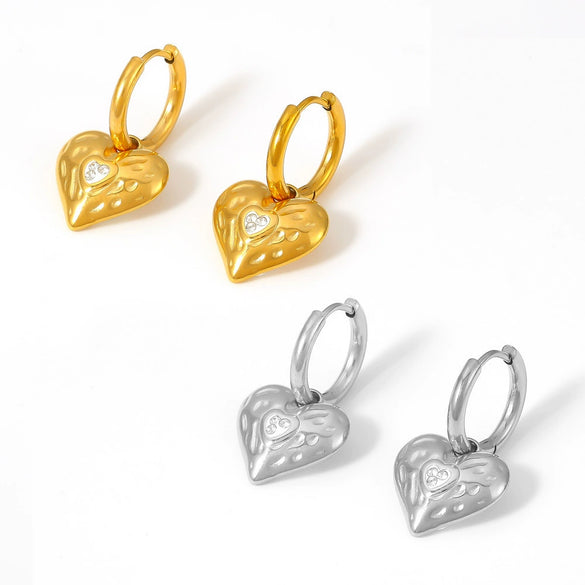 Wholesale 316L Stainless Steel Heart Shaped Niche Style Electroplated Diamond Hammer Love Earrings For Women