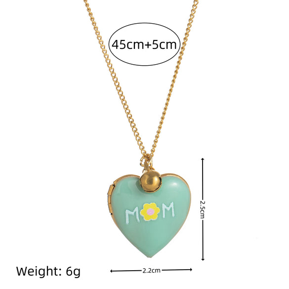 Wholesale Titanium Steel Heart Shaped Oil Dripping Print Openable Photo Album Necklace With Zircon Electroplated Real Gold Plated