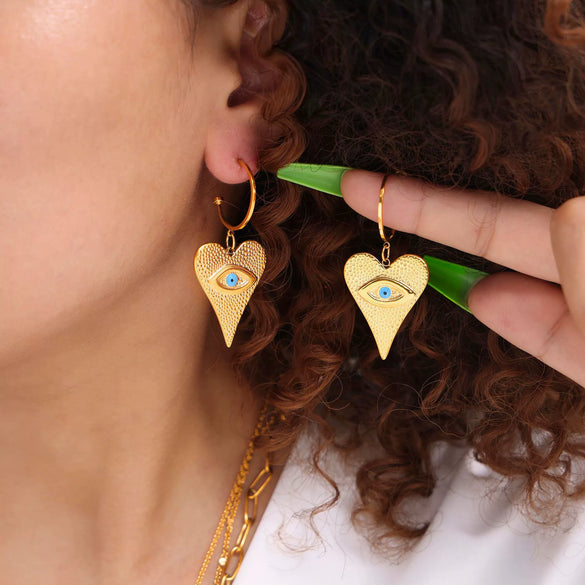 Wholesale 316L Stainless Steel Heartshaped Devil's Eye Pendant Earrings And Multilayer Necklace With 18K Real Gold Electroplating For Women
