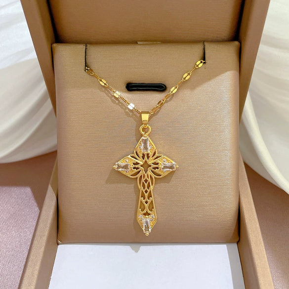 Wholesale Titanium Steel Hollow Cross Geometric Diamond Microinlaid Women's Necklace