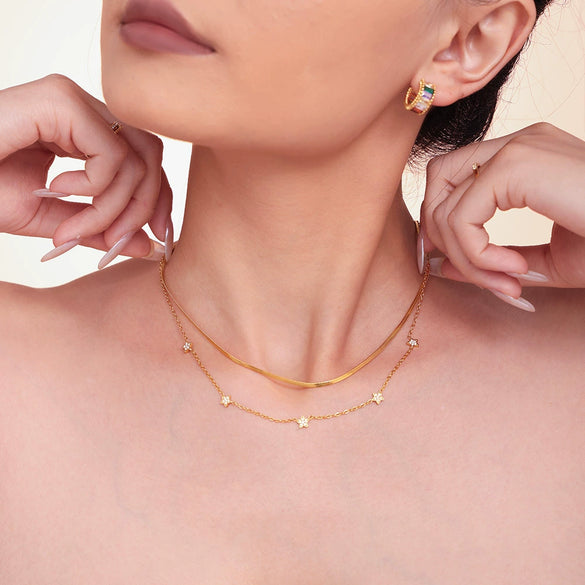 Wholesale Titanium Steel Inlaid Zircon Five Pointed Star Double Layer Clavicle Necklace With 18K Gold Electroplated Treatment For Women