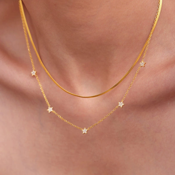 Wholesale Titanium Steel Inlaid Zircon Five Pointed Star Double Layer Clavicle Necklace With 18K Gold Electroplated Treatment For Women