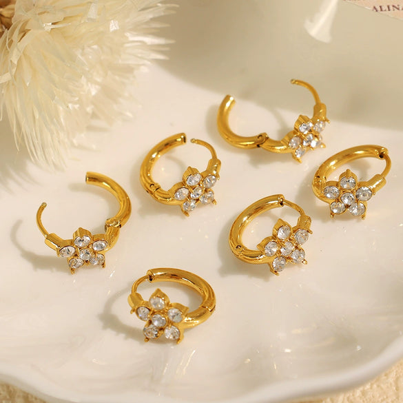 Wholesale 316L Stainless Steel Inlaid Zircon Flower Earrings Plated 18K Gold For Women